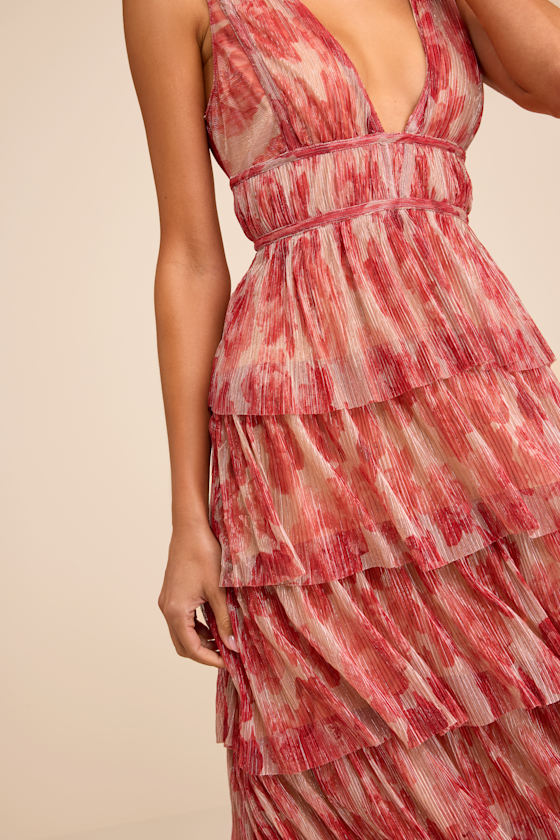 Valentia Magenta Plisse Sleeveless Tiered Midi Dress