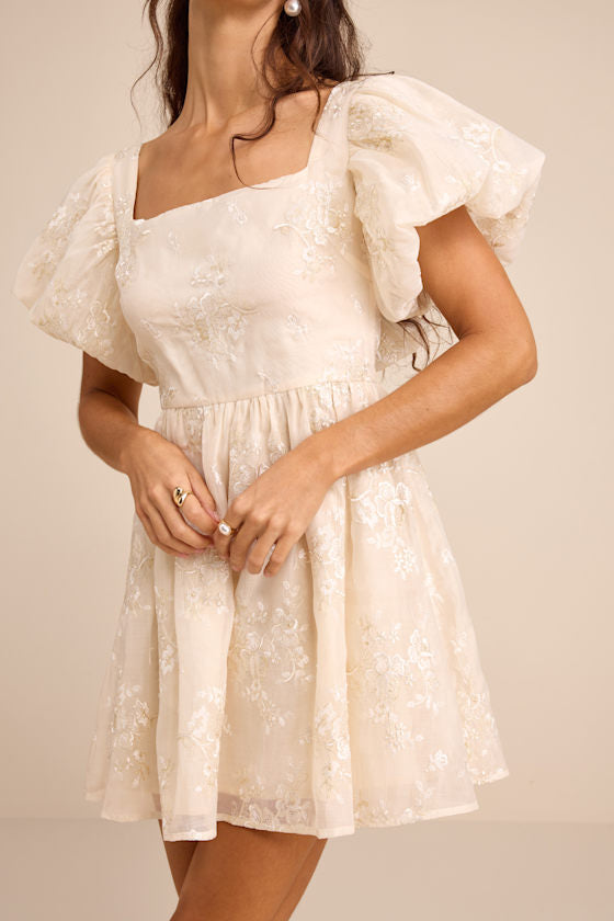 Cathaysa Cream Embroidered Puff Sleeve Bow Mini Dress