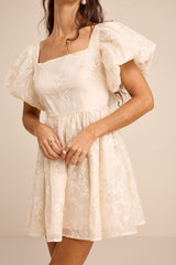 Cathaysa Cream Embroidered Puff Sleeve Bow Mini Dress