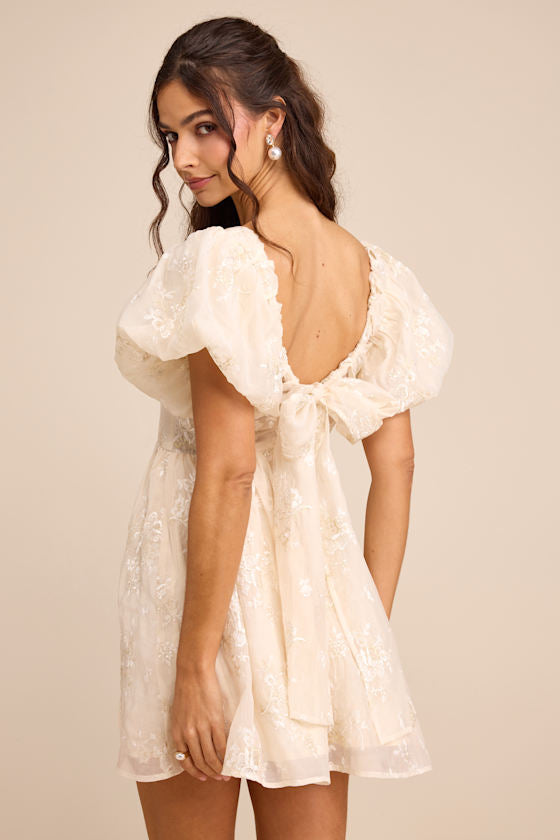 Cathaysa Cream Embroidered Puff Sleeve Bow Mini Dress