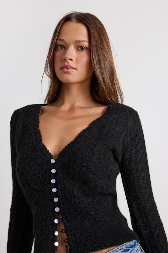 Callisto Black Cable Knit Button-Front Cardigan