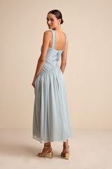 Laufey Dusty Blue Pleated Drop Waist Midi Dress