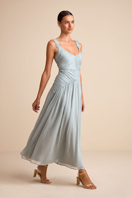 Laufey Dusty Blue Pleated Drop Waist Midi Dress