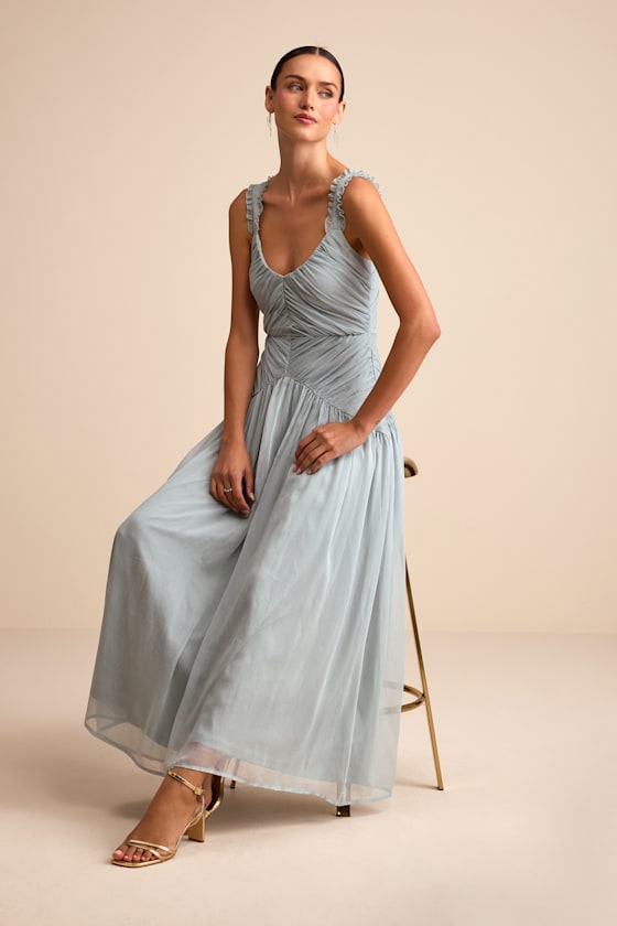 Laufey Dusty Blue Pleated Drop Waist Midi Dress