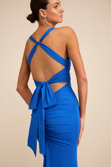 Cazy Royal Blue Jersey Knit Twist-Front Maxi Dress