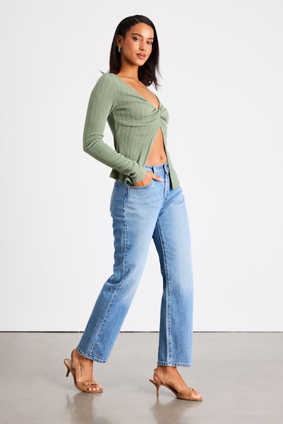 Myron Sage Ribbed Knit Twist-Front Long Sleeve Top
