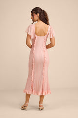 Aviara Light Pink Lace Ruffled Flutter Sleeve Midi Dress