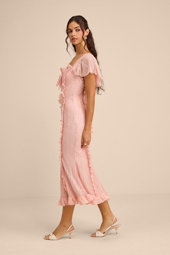 Aviara Light Pink Lace Ruffled Flutter Sleeve Midi Dress