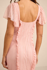 Aviara Light Pink Lace Ruffled Flutter Sleeve Midi Dress