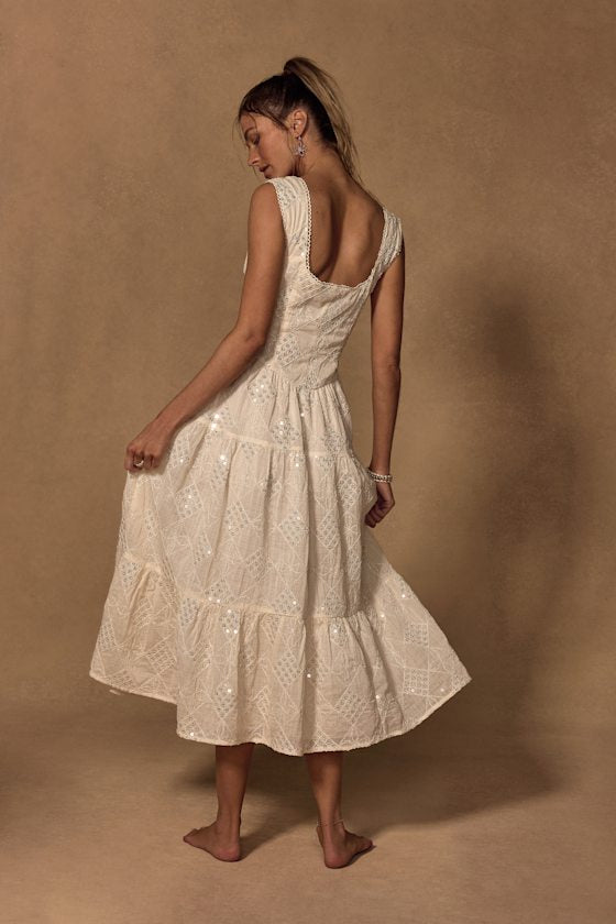 Antionette Cream Embroidered Sequin Button-Front Midi Dress