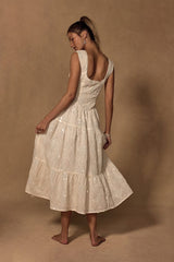 Antionette Cream Embroidered Sequin Button-Front Midi Dress
