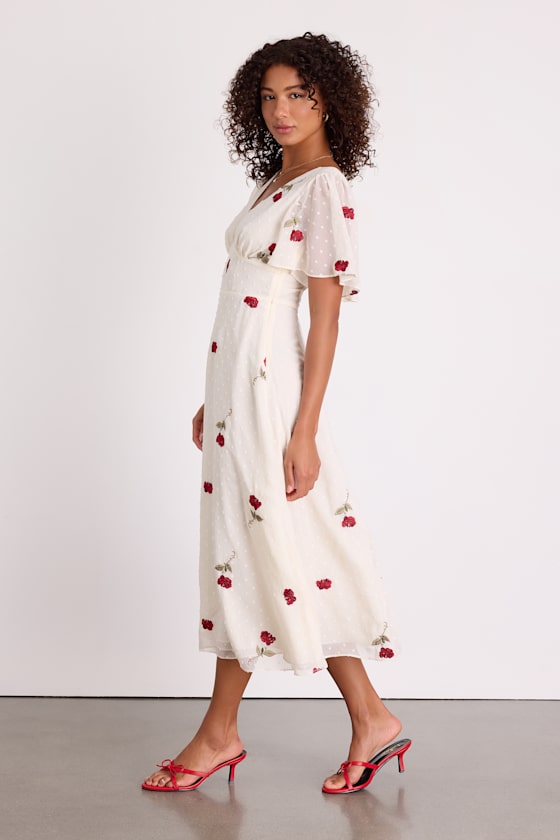 Jolina White Embroidered Swiss Dot Flutter Sleeve Midi Dress