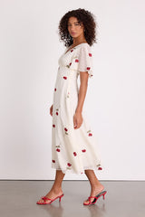 Jolina White Embroidered Swiss Dot Flutter Sleeve Midi Dress