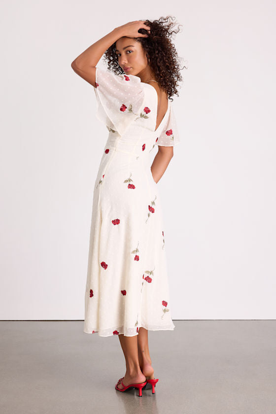 Jolina White Embroidered Swiss Dot Flutter Sleeve Midi Dress