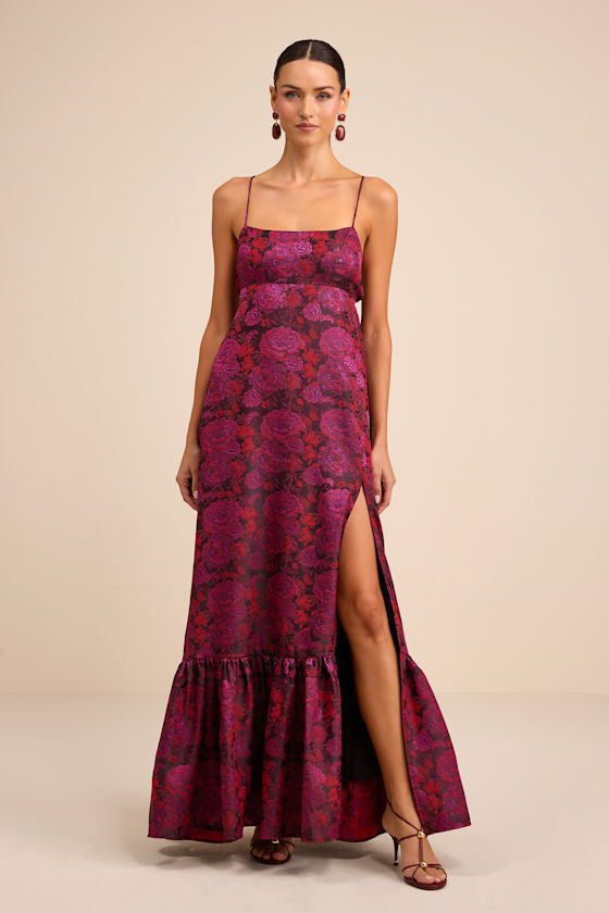 Jasiel Burgundy Jacquard Lace-Up Tiered Maxi Dress
