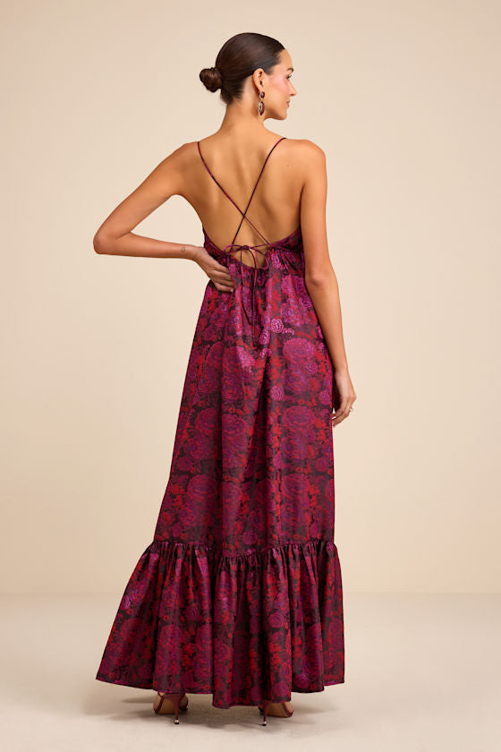 Jasiel Burgundy Jacquard Lace-Up Tiered Maxi Dress