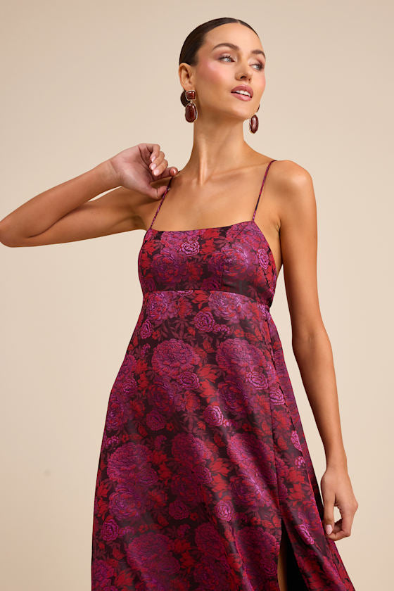 Jasiel Burgundy Jacquard Lace-Up Tiered Maxi Dress