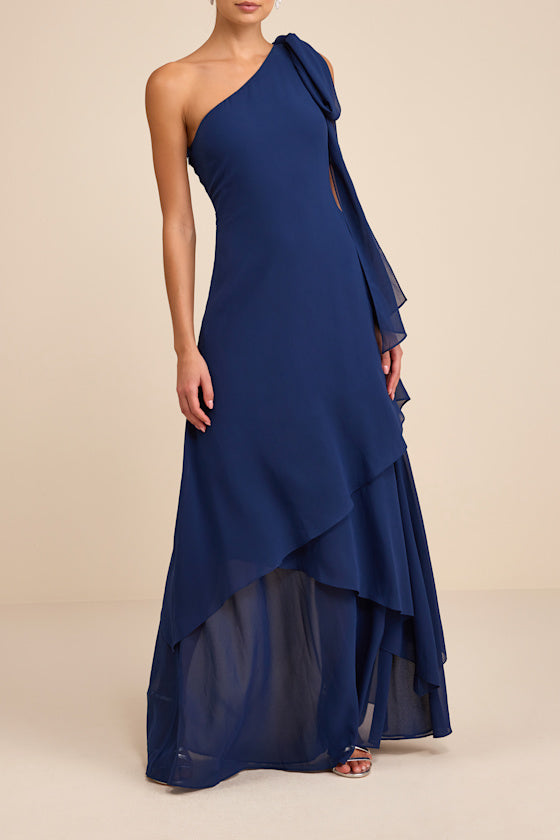 Camellia Dark Blue One-Shoulder Bow Maxi Dress