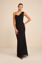 Vienta Black Chiffon Asymmetrical Maxi Dress