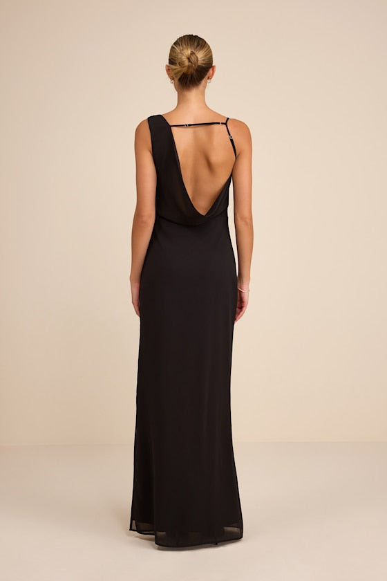 Vienta Black Chiffon Asymmetrical Maxi Dress