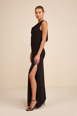 Vienta Black Chiffon Asymmetrical Maxi Dress
