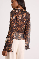 Aminata Black and Orange Animal Print Ruffled Top