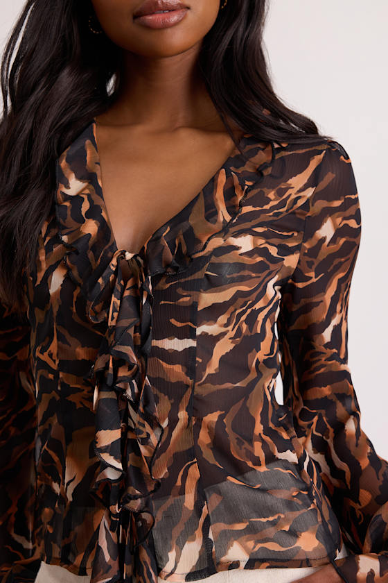 Aminata Black and Orange Animal Print Ruffled Top