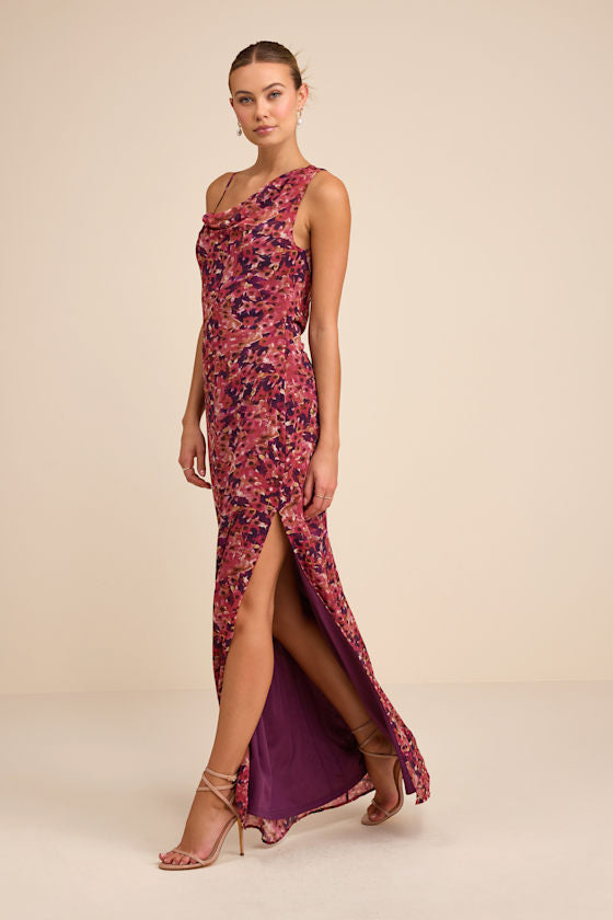 Vienta Magenta Floral Chiffon Asymmetrical Maxi Dress