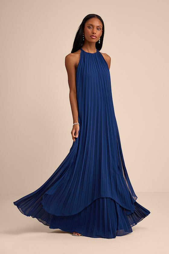 Dorala Dark Blue Pleated Lace-Up Tiered Maxi Dress