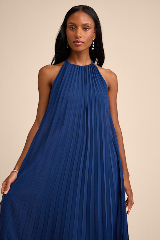 Dorala Dark Blue Pleated Lace-Up Tiered Maxi Dress