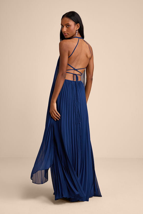 Dorala Dark Blue Pleated Lace-Up Tiered Maxi Dress