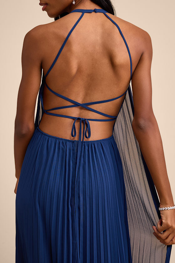 Dorala Dark Blue Pleated Lace-Up Tiered Maxi Dress