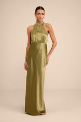 Sevinia Olive Green Satin Mock Neck Sleeveless Maxi Dress