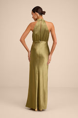 Sevinia Olive Green Satin Mock Neck Sleeveless Maxi Dress