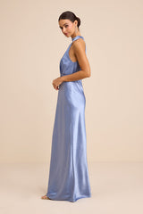 Sevinia Slate Blue Satin Mock Neck Sleeveless Maxi Dress