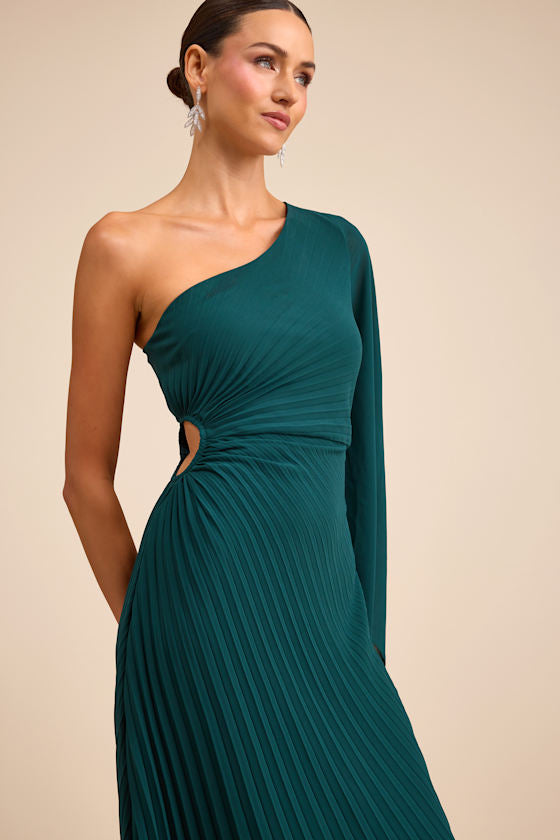 Cecillia Emerald Pleated One-Shoulder Maxi Dress