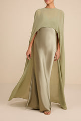 Cavana Sage Satin Cape Maxi Dress