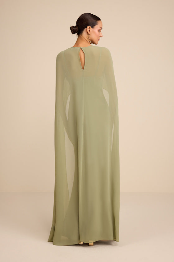 Cavana Sage Satin Cape Maxi Dress