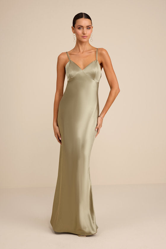 Cavana Sage Satin Cape Maxi Dress