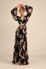 Chaelyn Black Floral Long Sleeve Cutout Maxi Dress