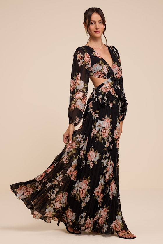 Chaelyn Black Floral Long Sleeve Cutout Maxi Dress