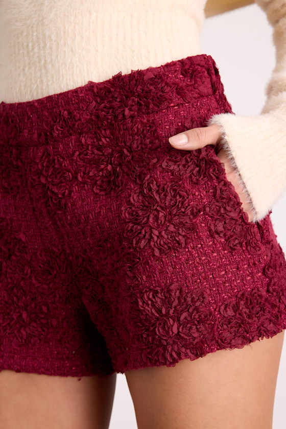 Mulvaney Burgundy Tweed Textured Micro Shorts