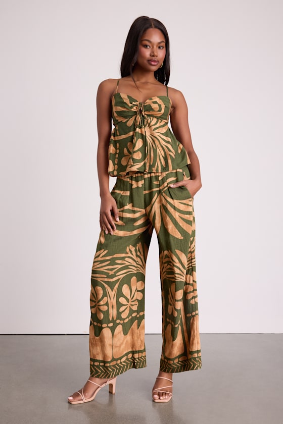Sabo Olive and Tan Boho Print Wide-Leg Pants