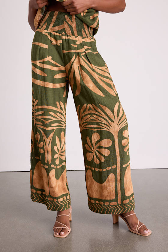Sabo Olive and Tan Boho Print Wide-Leg Pants