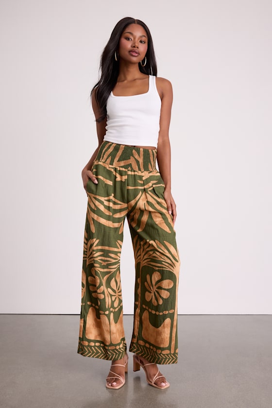 Sabo Olive and Tan Boho Print Wide-Leg Pants