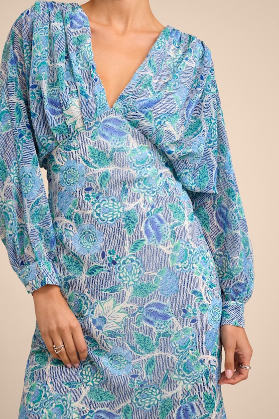 Azalea Blue Multi Floral Long Sleeve Midi Dress