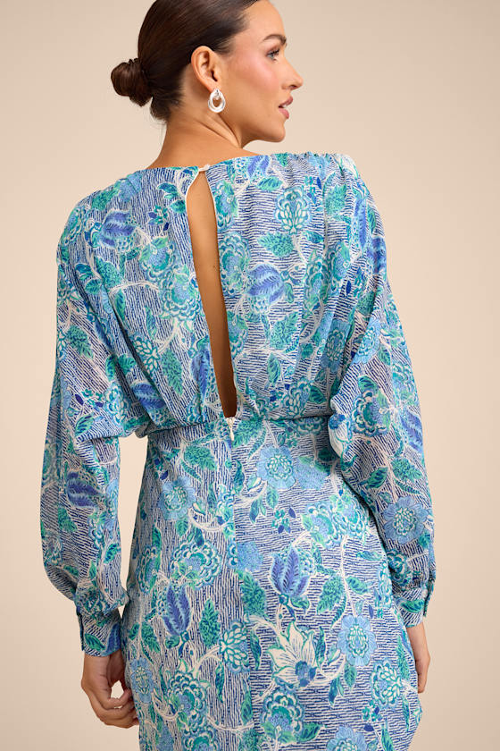 Azalea Blue Multi Floral Long Sleeve Midi Dress