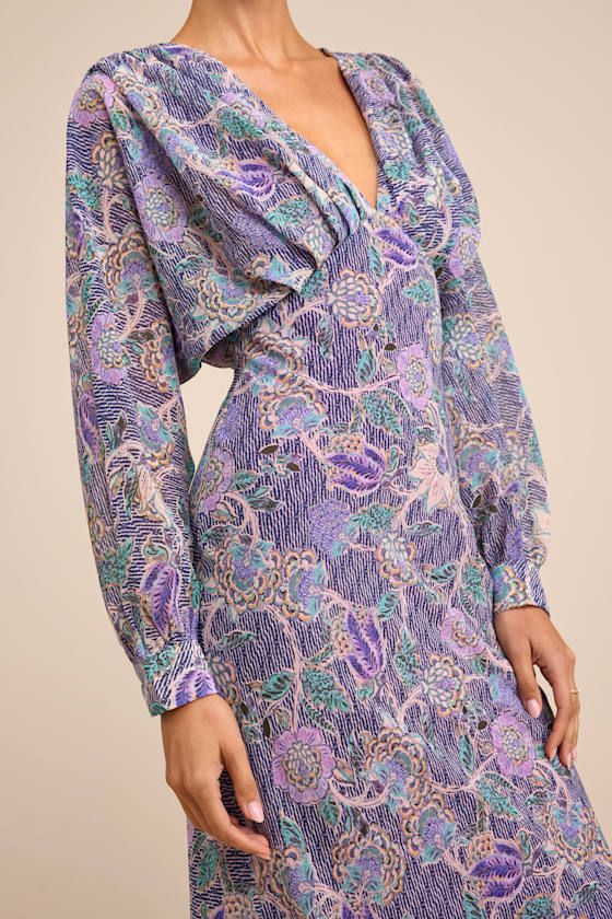 Azalea Purple Multi Floral Long Sleeve Midi Dress