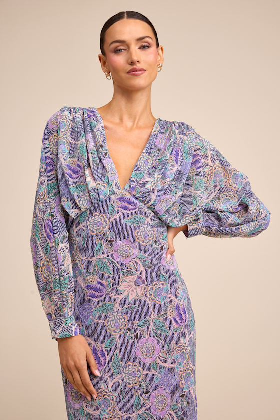 Azalea Purple Multi Floral Long Sleeve Midi Dress