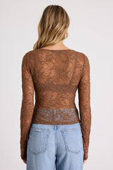 Hunter Light Brown Sheer Lace Long Sleeve Top